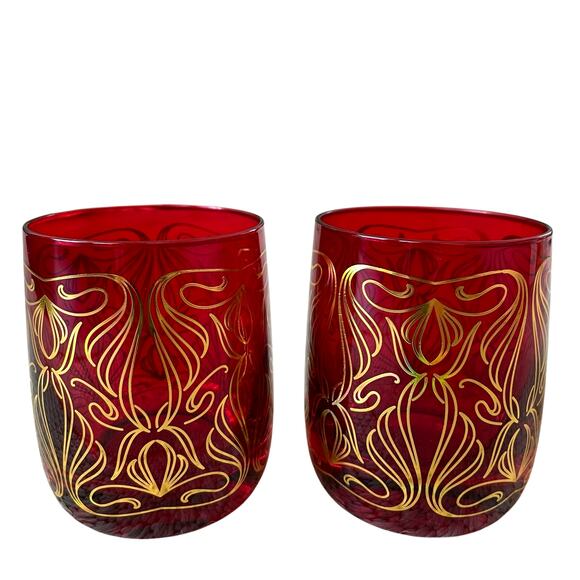 Neiman Marcus Holiday Red Gold Double Old Fashion Glass Tumbler Gift Set of 4 - Picture 7 of 15